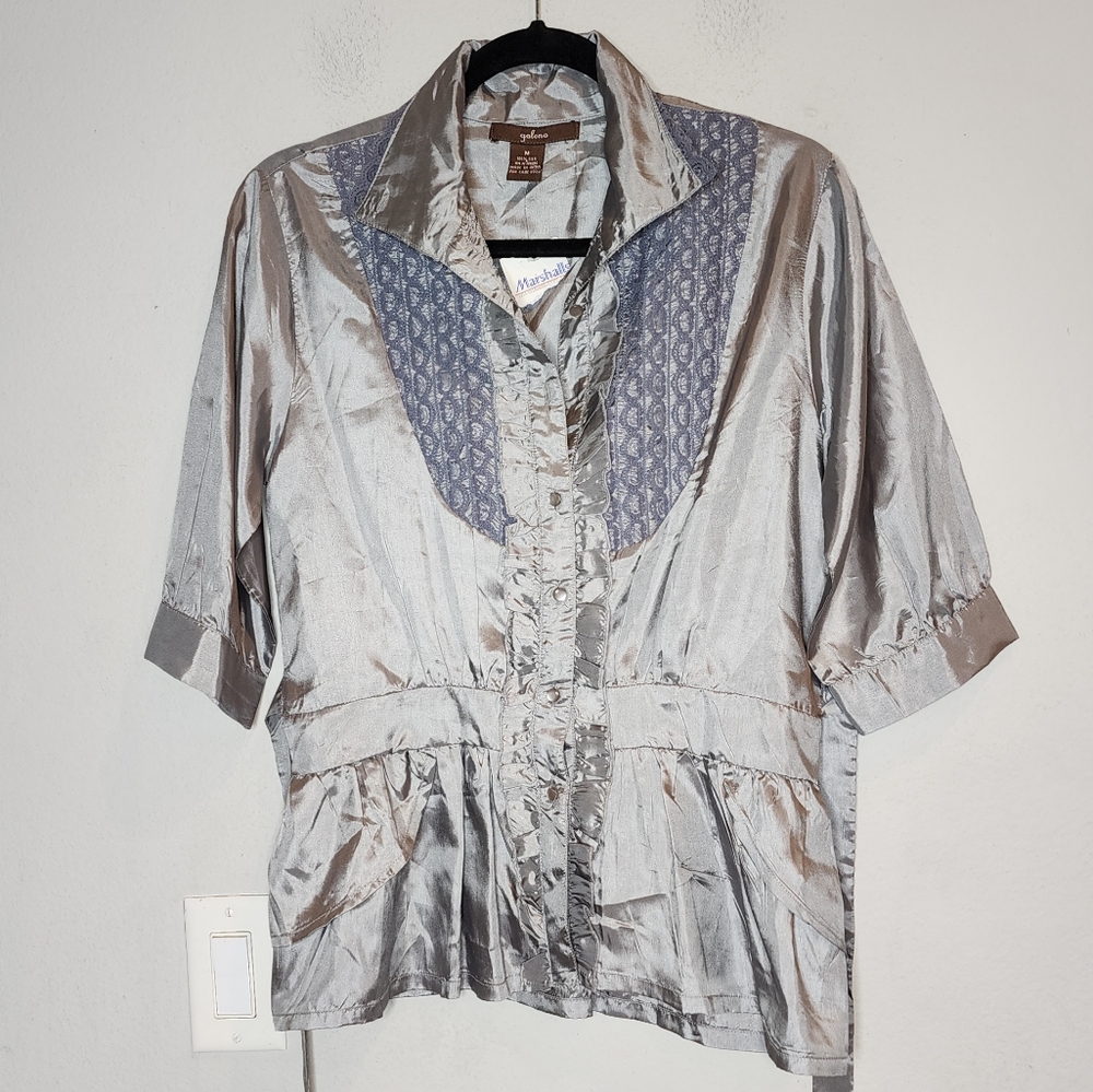 NWT Galeno 100% Silk Grey Button Blouse 3/4 Sleeve Ruffle Lace Tie Waist Sz M
